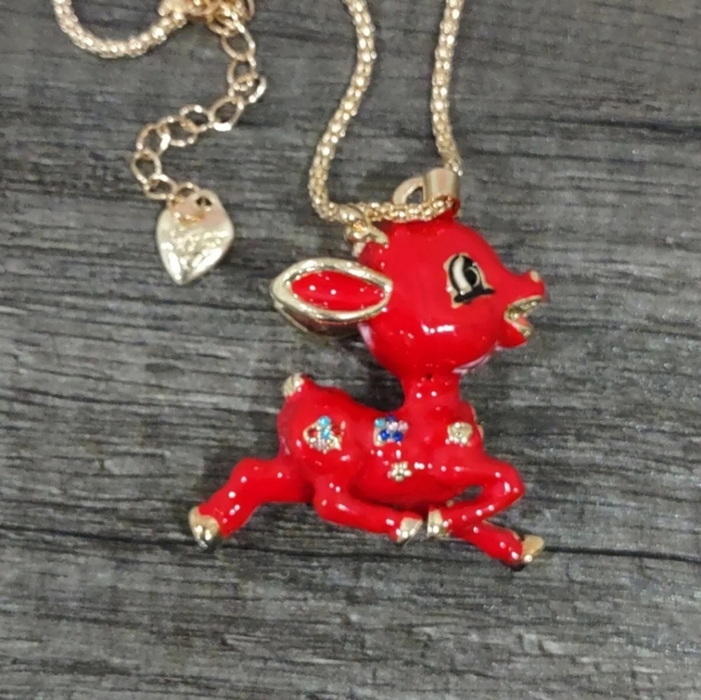 Gold-plated red multi-color Crystal reindeer necklace pendant - Picture 3 of 13